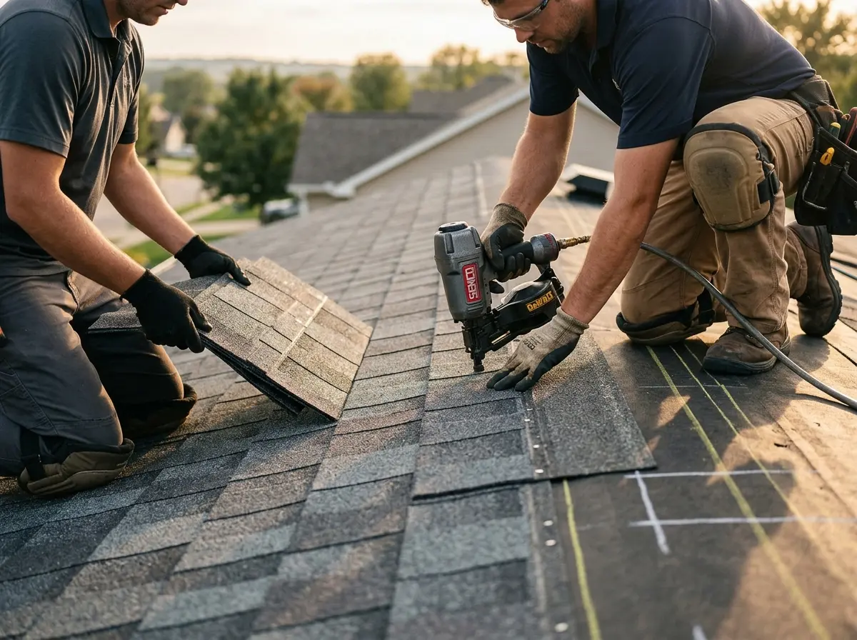 Professional roofer working on a residential roof in Moss Point